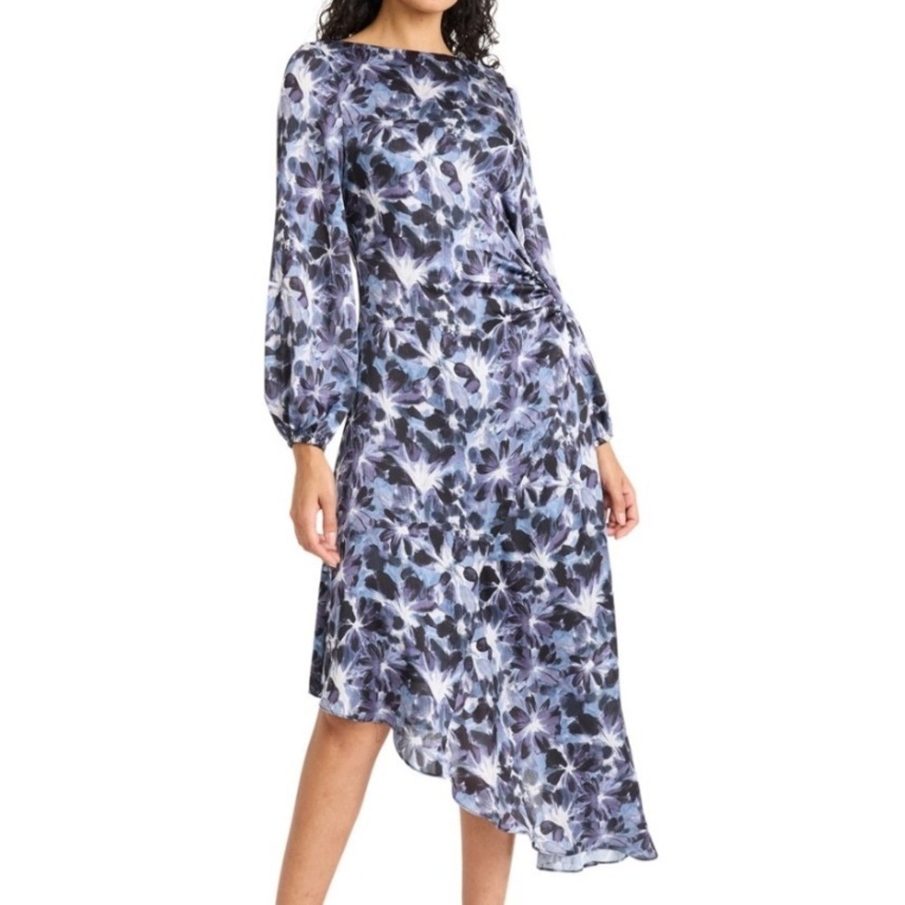 Maggy London Blue Floral Ruched Asymmetric Hem Midi Dress Size 16 $148